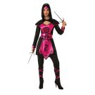 Ladies ninja costume in black with hot pink metallic panels and dragon print