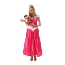 Princess Aurora pink satin dress with off-shoulder cap sleeves and gold tiara headband