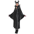 Women's Maleficent costume with black satin gown and horned headpiece