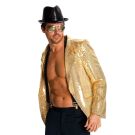 Mens gold sequin disco jacket with notched lapels and button front closure