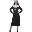 Full-length nun habit costume for women showing black dress and white headpiece