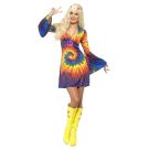 Women's 1960s tie-dye hippie costume dress with bell sleeves in psychedelic spiral pattern