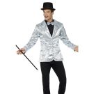 Silver sequin jacket styled with black top hat and bow tie for 1920s Gatsby party