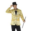 Gold sequin tuxedo jacket styled with black trousers and top hat - Gatsby showman costume