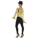 Close-up of gold sequin tailcoat showing tuxedo lapel detail and waist closure
