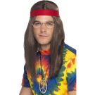Adult mens 1960s hippie costume kit with brown wig, red headband, peace medallion and round glasses