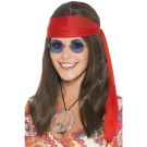 Womens 1960s hippie costume accessory set with brown wig, red headband, round sunglasses and peace sign medallion