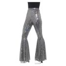 Adult women's silver holographic disco flares with rainbow circular patterns
