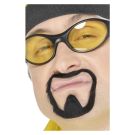 Black handlebar moustache and soul patch goatee set with yellow tinted glasses for 70s retro costume