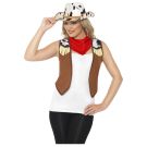 Adult cowgirl costume kit with brown fringed waistcoat, cow-print hat and red bandana
