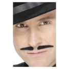 Adult man wearing black split moustache above upper lip with adhesive backing