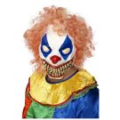 Adult evil clown latex mask with orange-red curly hair and menacing grin