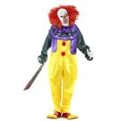 Adult horror clown costume with yellow satin jumpsuit, purple vest, and latex mask with red wig