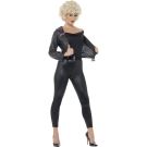 1950s bad girl greaser costume with cropped motorcycle jacket and stretch leggings