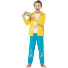 Boys Charlie Bucket costume with yellow jacket, turquoise trousers and Golden Ticket prop