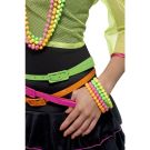 80s neon beaded bracelets in fluorescent pink orange yellow green stacked on wrist