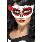 White Day of the Dead masquerade mask with red petal eye surrounds and black sugar skull scrollwork