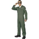 Mens olive green 1980s fighter pilot jumpsuit costume with wing badge and flag patches