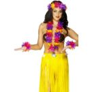 Adult 4-piece Hawaiian luau lei set with multi-colored flower garland, headband and wristbands
