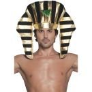 Adult Egyptian pharaoh headpiece in gold and black stripes with cobra emblem at forehead