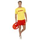 Close-up of yellow lifeguard shirt showing red BAYWATCH logo on chest