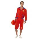 Adult Baywatch lifeguard costume with red jacket and blue collar on male model