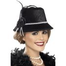 Black velvet cloche hat with white pearl hatband and feather plume for 1920s flapper costume