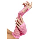 Hot pink long fingerless fishnet gloves with elastic ribbed cuffs and open diamond mesh pattern