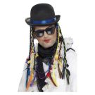 Black bowler hat with multi-coloured rainbow braids and blue satin ribbon for 80s costume