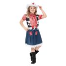 Girls Wild West cowgirl costume with red gingham dress, cow print vest and cream hat