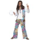 Adult mens 70s hippie costume with psychedelic patchwork vest and bell-bottom flares