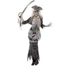 Womens grey ghost pirate costume with distressed tricorn hat and tattered skirt