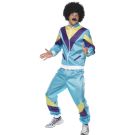 Adult 80s shell suit costume in light blue with purple and yellow diagonal stripes, front view