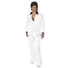 Adult mens white disco suit costume with black collar trim and flared trousers