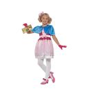 Girls pink Veruca Salt costume dress with blue capelet and golden ticket