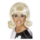 Adult 60s blonde beehive wig with flipped ends and blunt fringe on model