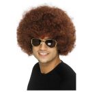 Brown afro wig with full spherical volume and textured curls for 1970s disco costume