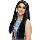Adult 60s 70s hippie wig with long black hair and colorful beaded braid