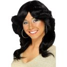 Adult 70s black wig with feathered flick layers and center-parted fringe