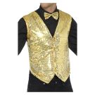 Gold sequin vest showing adjustable back strap and satin panel detail