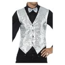 Adult silver sequin waistcoat front view with four-button closure