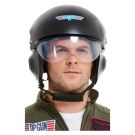 Adult wearing Top Gun helmet with olive flight suit and aviator sunglasses for 80s military costume party