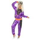 Women's purple 80s shell suit costume with orange trim and geometric panels