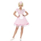 Adult 1950s diner waitress costume in pastel pink with white apron and gingham check trim