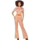 Womens retro jumpsuit costume in orange with cream geometric circle print and flared bell-bottom legs