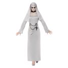 Adult women's grey gothic nun costume with floor-length habit dress and traditional veil headpiece