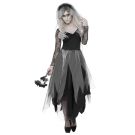 Adult zombie corpse bride Halloween costume dress with black bodice and grey tattered skirt
