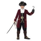 Kids burgundy pirate captain costume with gold trim coat and tricorn hat