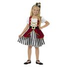 Child wearing burgundy buccaneer dress with gold corset lacing and tricorn hat