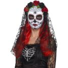 Adult Day of the Dead sugar skull mask with red and black rose crown and lace veil